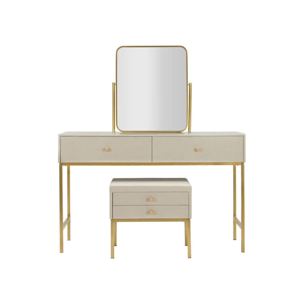 Toeletta Luxury 120 cm con Specchio e Sgabello Beige e Oro con Piano Effetto Marmo