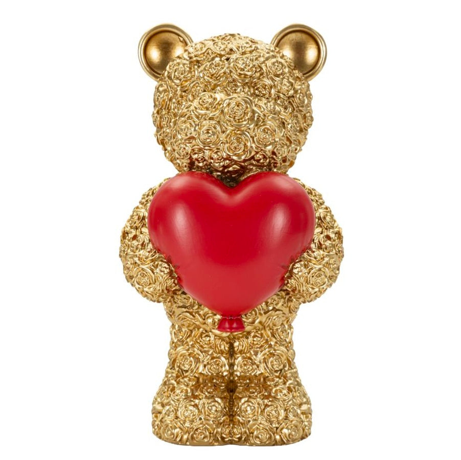 Orsetto Decorativo Dorato con Cuore Rosso 8,5x7x16 cm Scultura in Resina