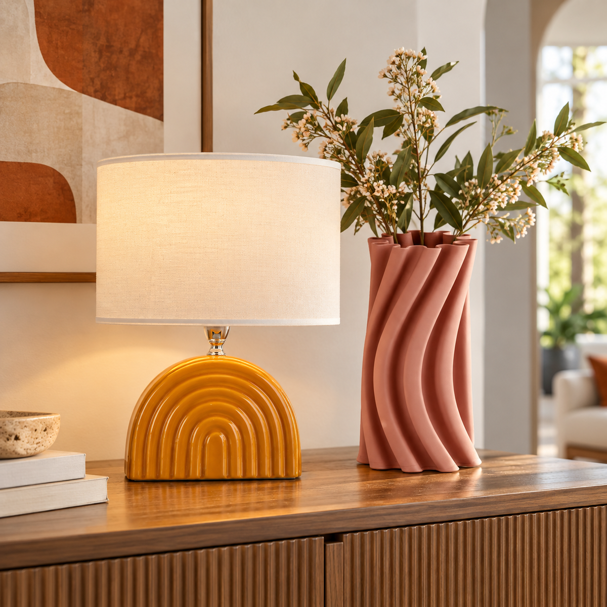 Set Decorativo Vaso Haylee Terracotta H31 cm & Lampada in Ceramica 30 cm