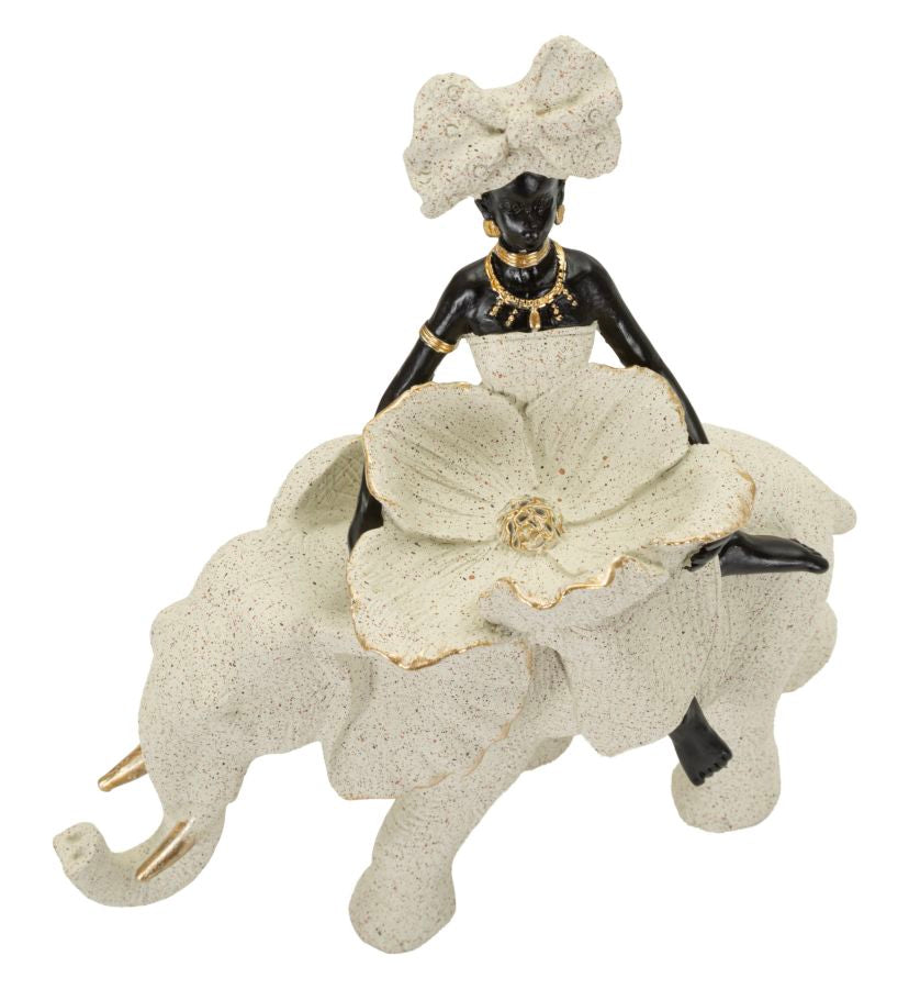 Scultura Etnica Donna Africana su Elefante 50x16x34 cm in Poliresina