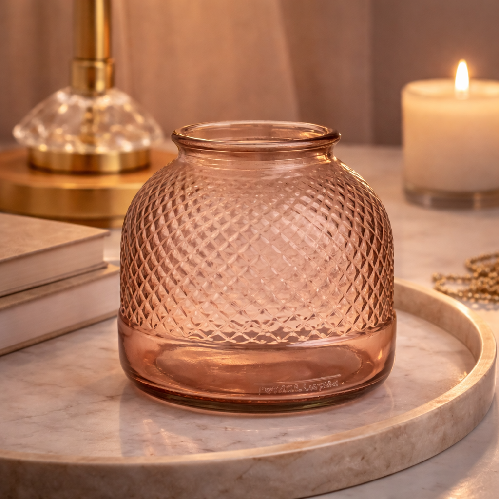 Vaso Decorativo in Vetro Rosa con Texture Avril