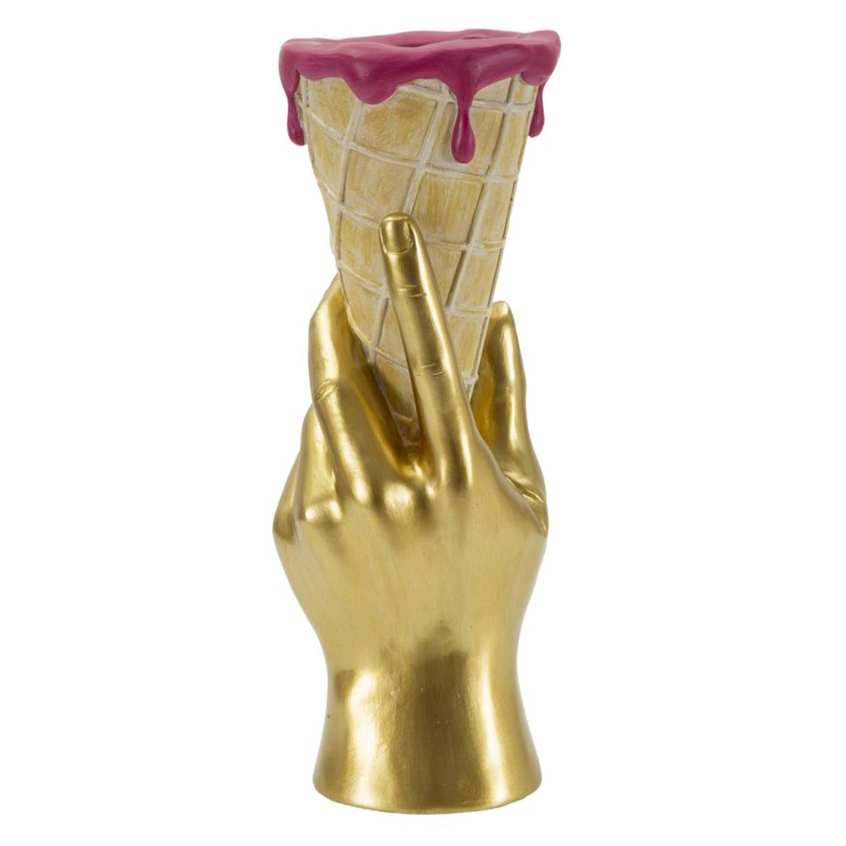 Vaso Decorativo Mano con Cono Gelato in Poliresina Oro e Rosa 31 cm