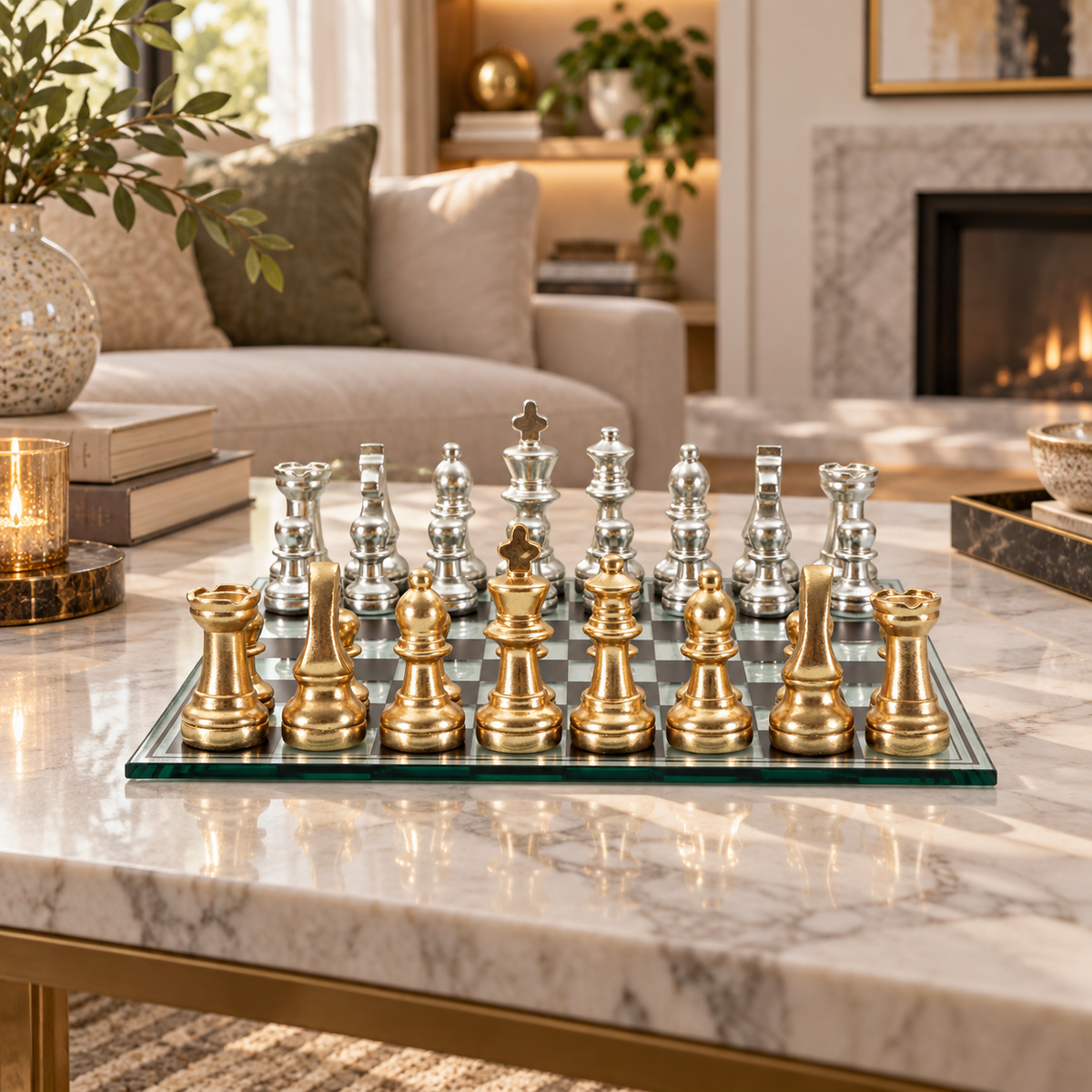 Set Scacchiera Moderna 50,5 cm con Pedine Oro e Argento in Poliresina