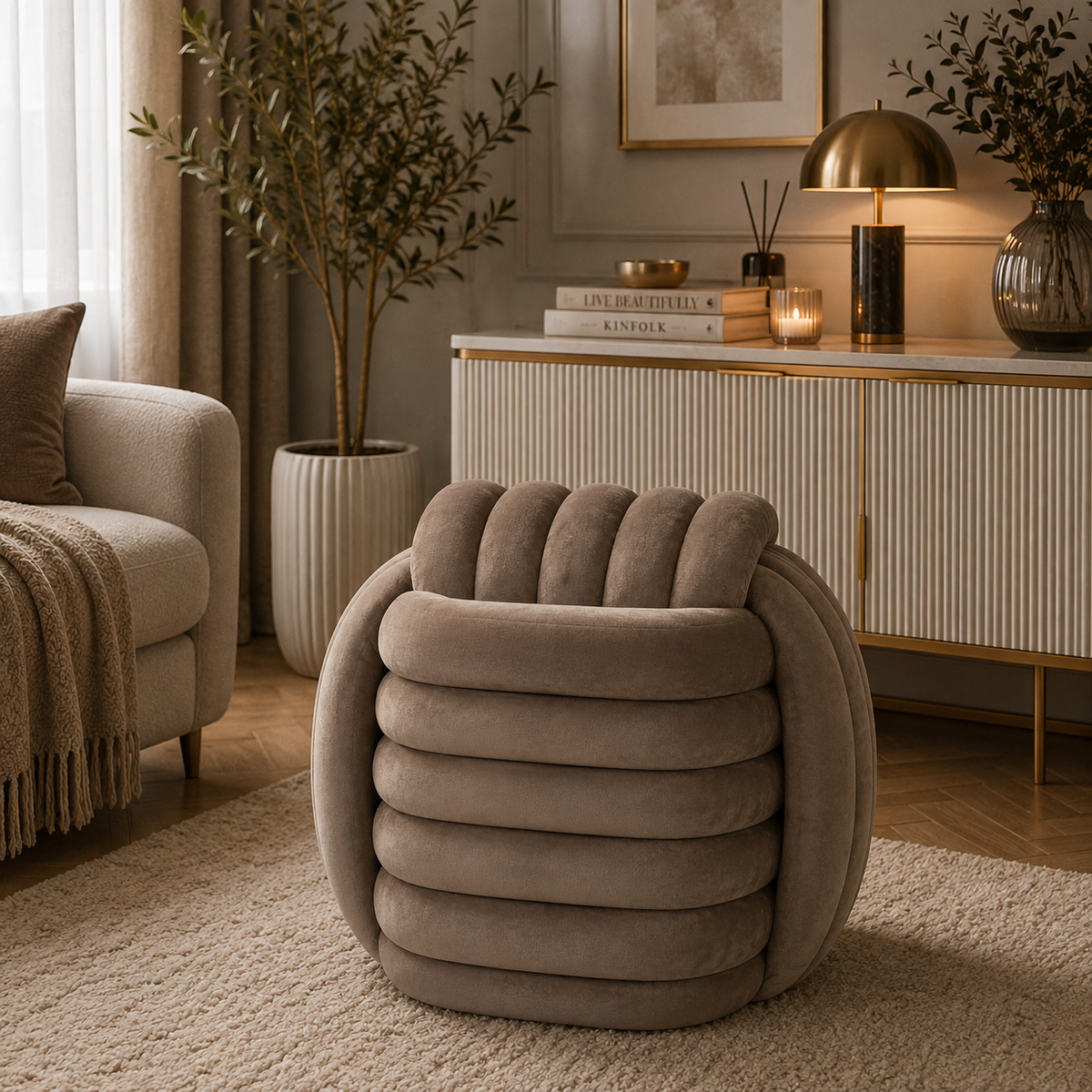 Pouf Annodato in Velluto Tortora 45 x 45 cm Seduta Decorativa Morbida