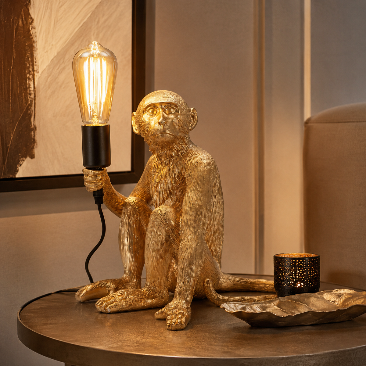 Lampada Tavolo Monkey Seduta Oro in Poliresina 32x33x32cm