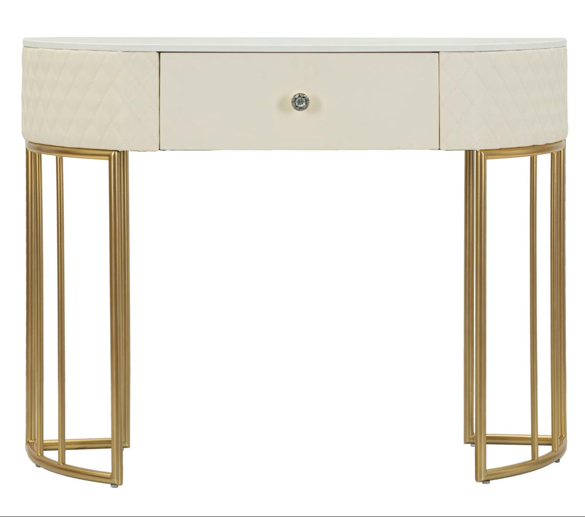 Consolle Sharon 100x40x75 cm Simil Pelle Bianca Trapuntata e Struttura Oro