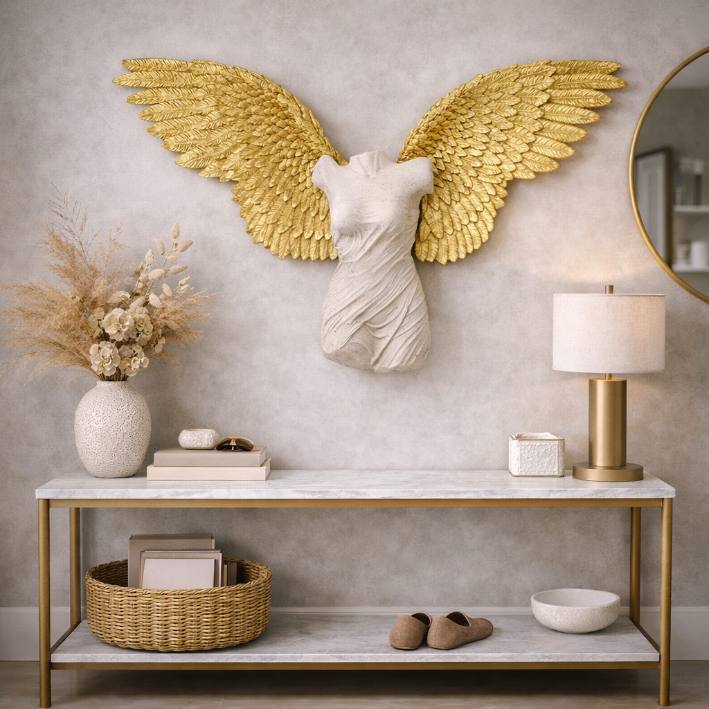 Scultura Decorazione Da Parete Angelo Femminile Guardian Angel Female 124x71 cm