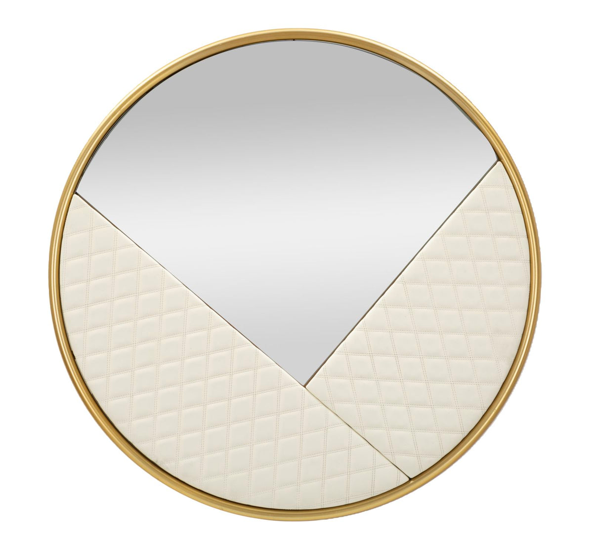 Specchio da Parete Rotondo Ø80 cm Crema e Oro Ecopelle Trapuntata