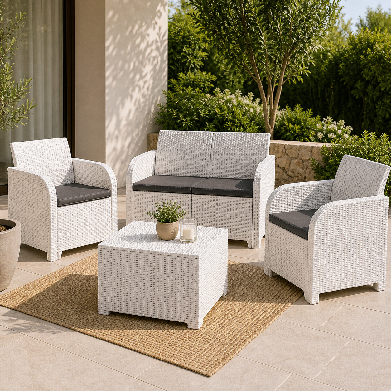 Salotto da Giardino Keter Rosalie Bianco Effetto Rattan con Cuscini