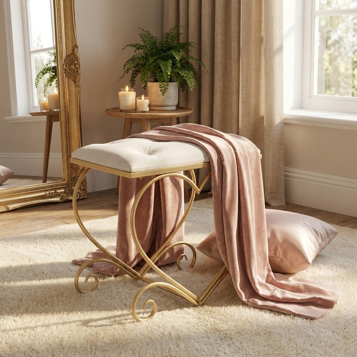 Sgabello Heart Crema 50x37,5x51,5 cm con Struttura Dorata