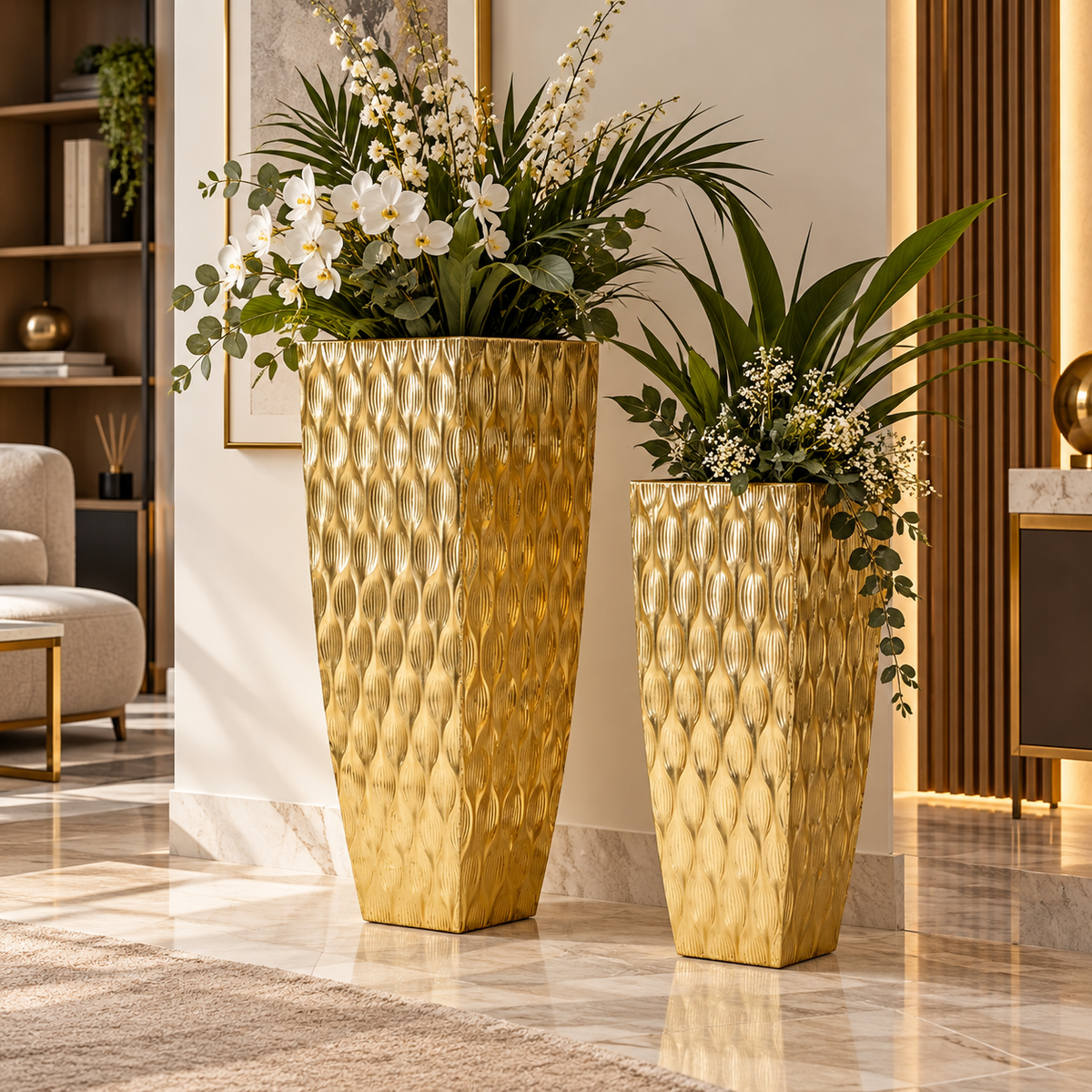 Set 2 Portavasi Glam con Petali Dorati 40x40x100 e 31x31x81 cm