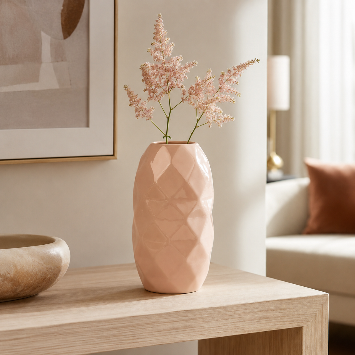 Vaso Decorativo in Ceramica Rosa Design Sfaccettato 17x17x30 cm