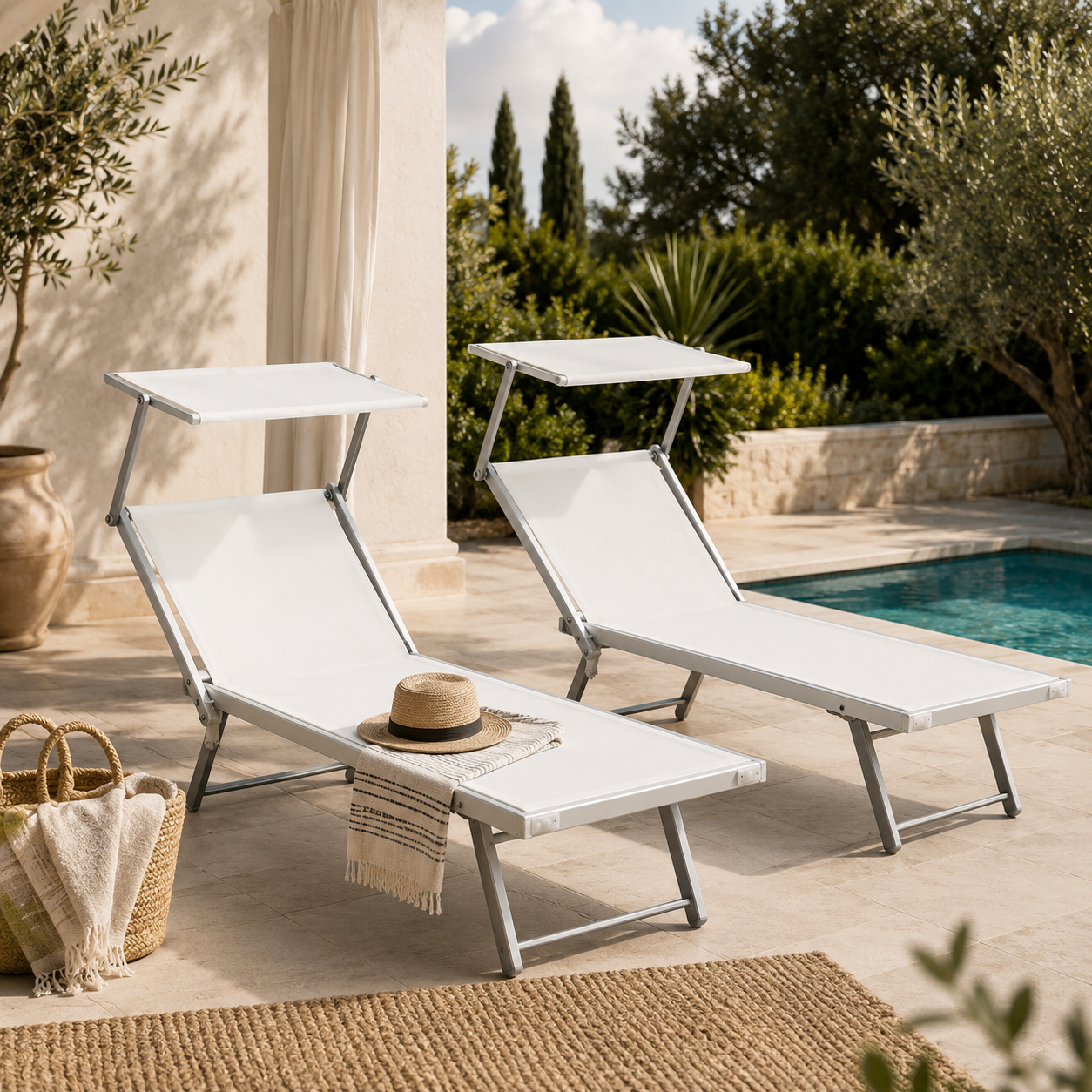 Set 2 Lettini Prendisole Playa in Alluminio con Parasole Bianco 186x70x40 cm