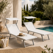 Set 2 Lettini Prendisole Playa in Alluminio con Parasole Bianco 186x70x40 cm