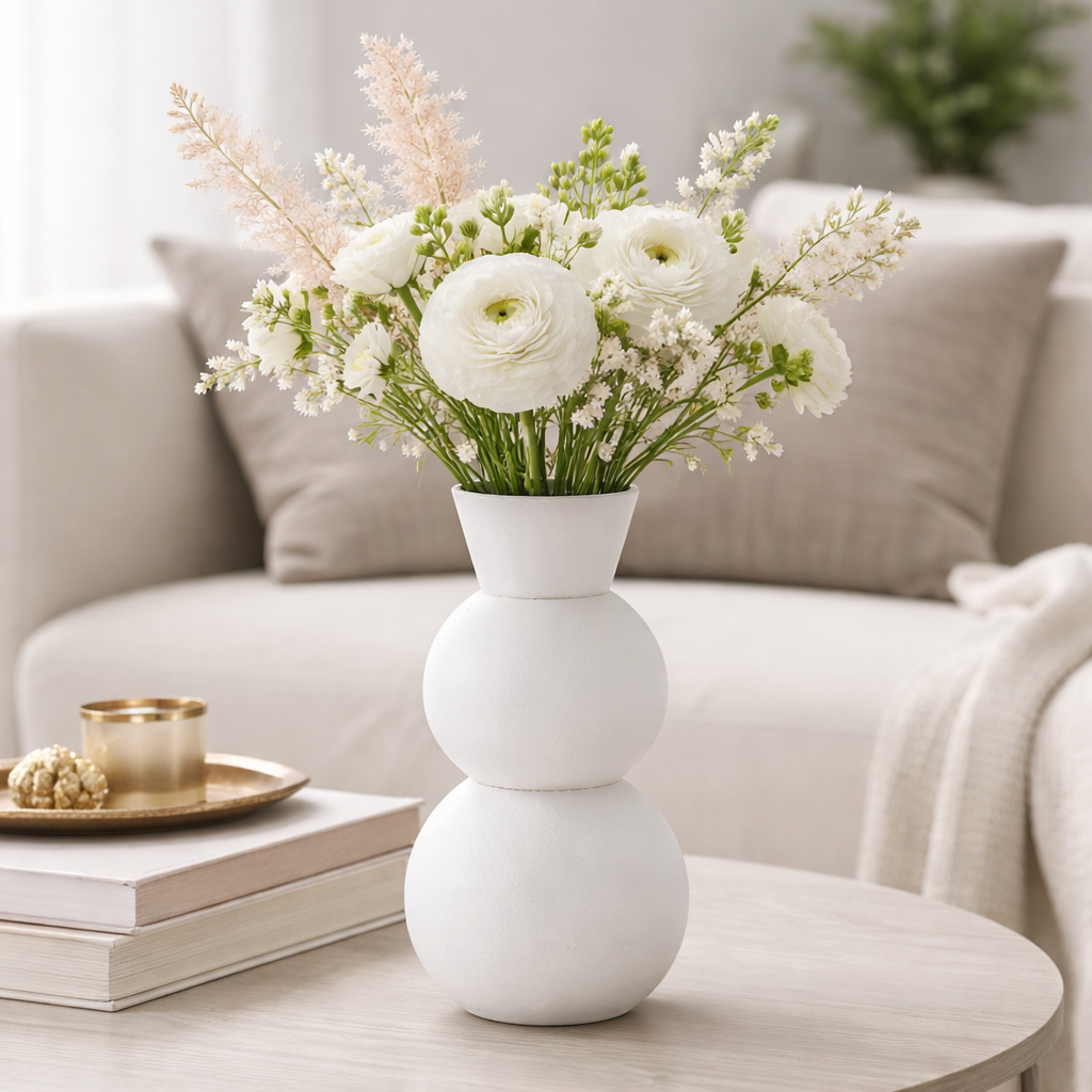 Bottiglia Vaso Decorativo Bianco Ridhi in Ceramica a Doppia Sfera H32,5cm