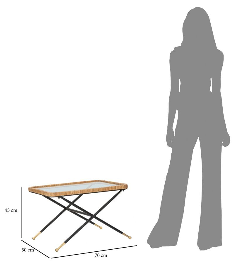 Tavolo da Caffè Saint Barth 70x50x45 cm in Metallo, Vetro e Rattan
