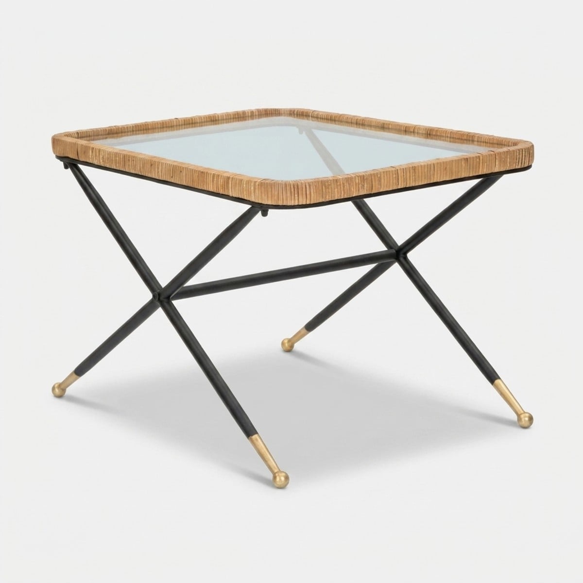 Tavolo da Caffè Saint Barth 70x50x45 cm in Metallo, Vetro e Rattan