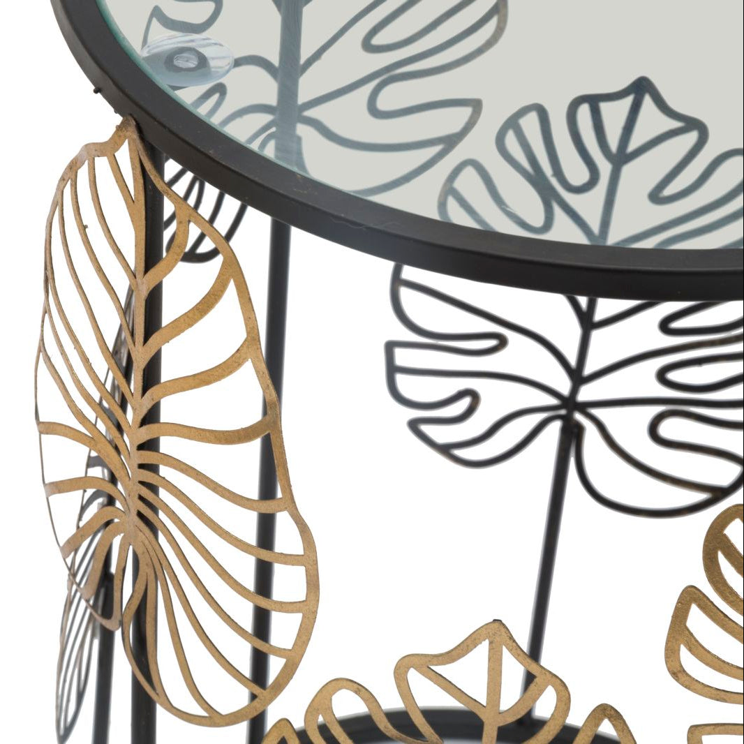 Coppia Tavolini Foglie Glam in Metallo Nero Oro e Piano in Vetro Ø38/33 cm