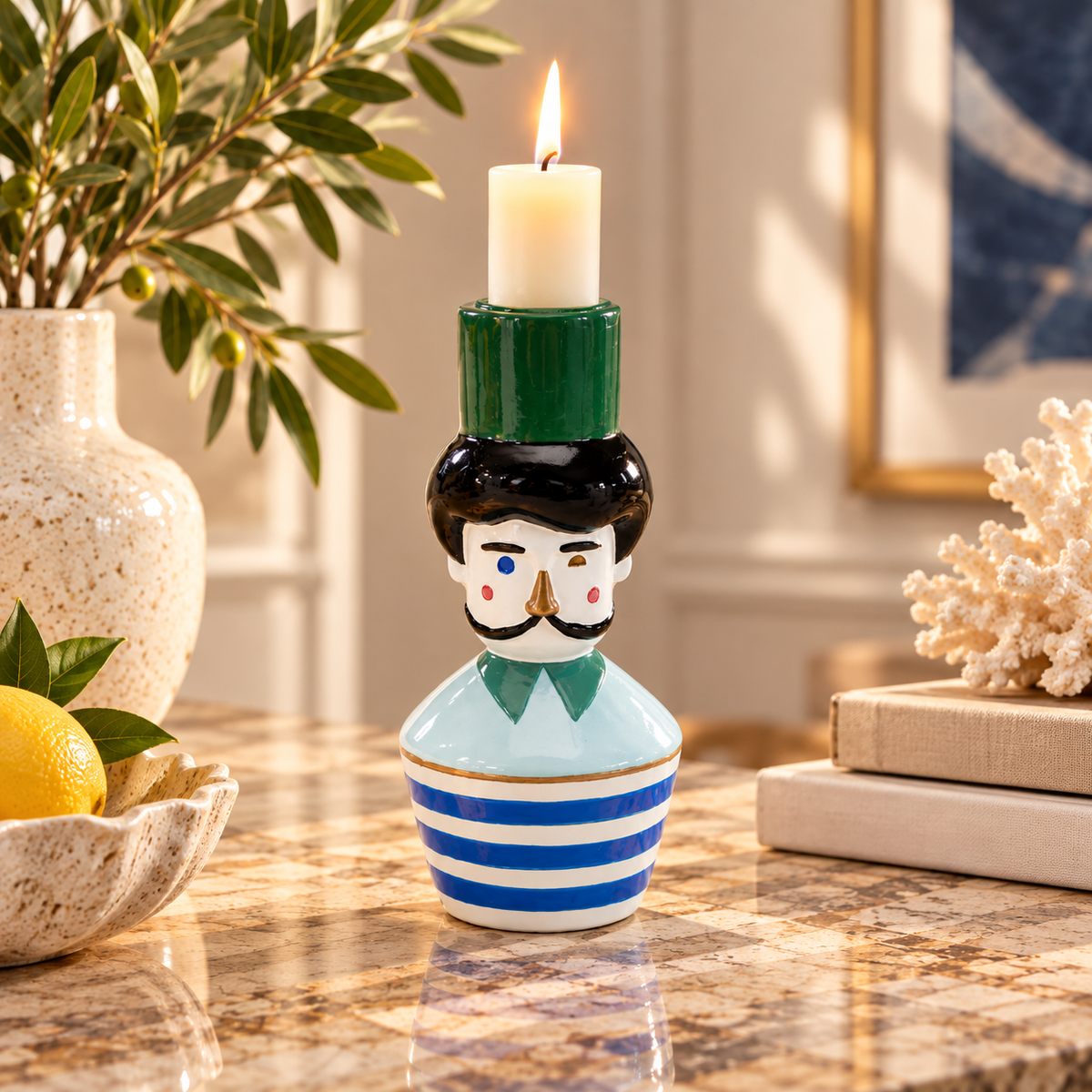 Portacandela Decorativo Marinaio Monsieur Mustache 16cm In Poliresina