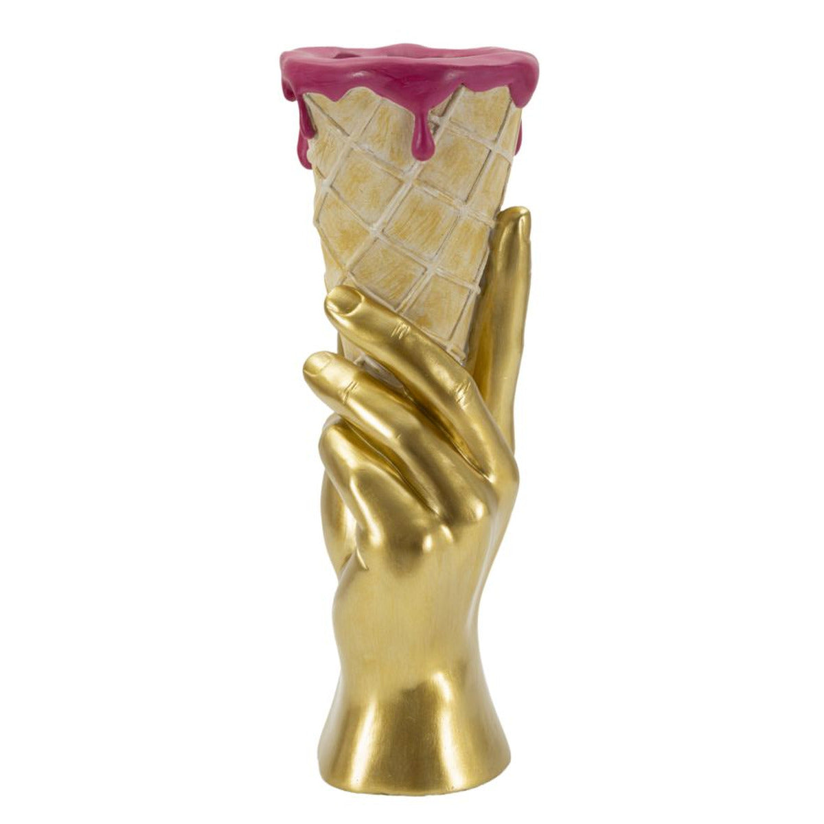 Vaso Decorativo Mano con Cono Gelato in Poliresina Oro e Rosa 31 cm
