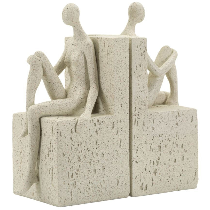 Set 2 Fermalibri Donne Beige in Poliresina 24x10x20,5cm Scultura Decorativa Stile Moderno