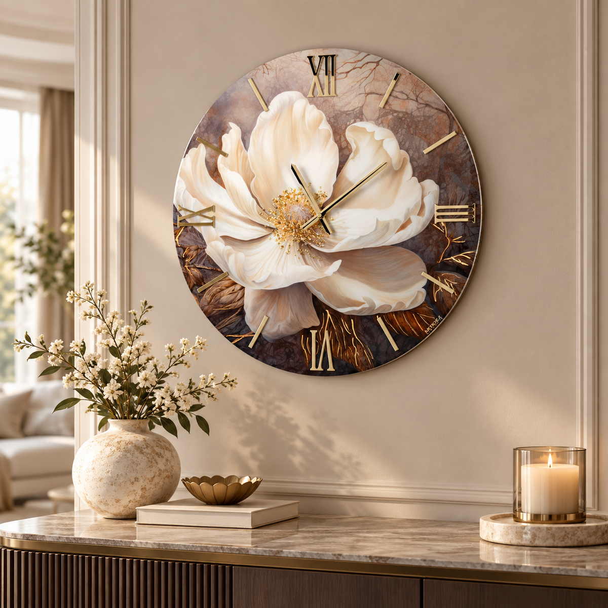 Orologio da Parete Fiore Ø60 cm Design Floreale con Numeri Romani Oro