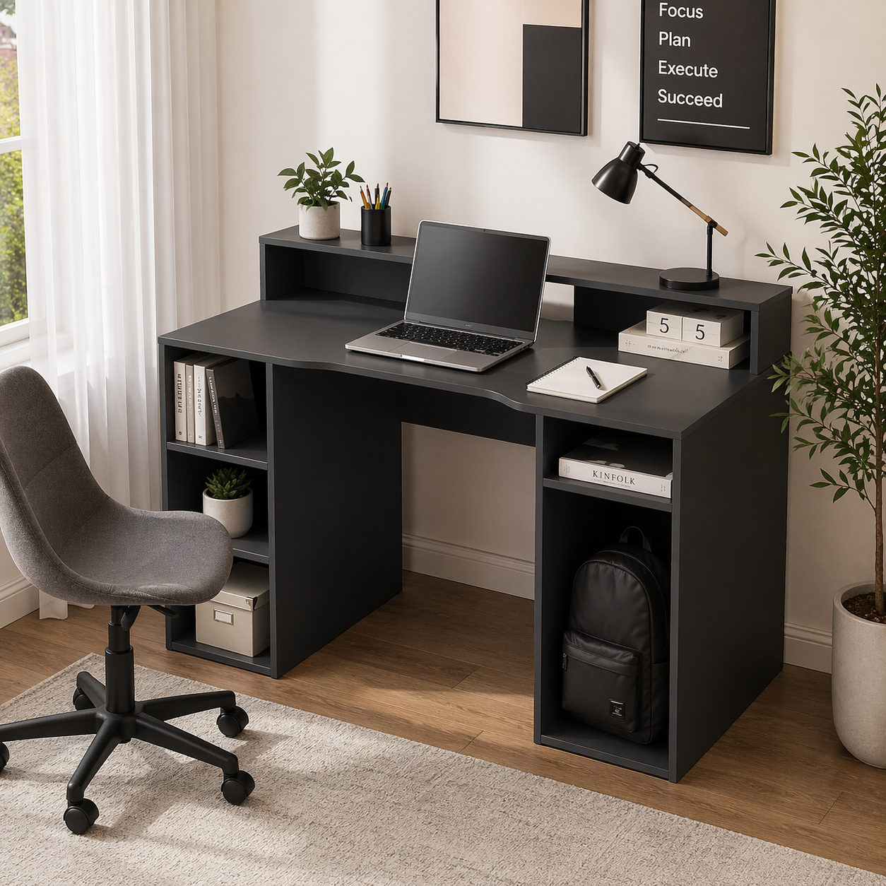 Scrivania PC 136x67x88H Antracite con Ripiani Laterali e Passacavi
