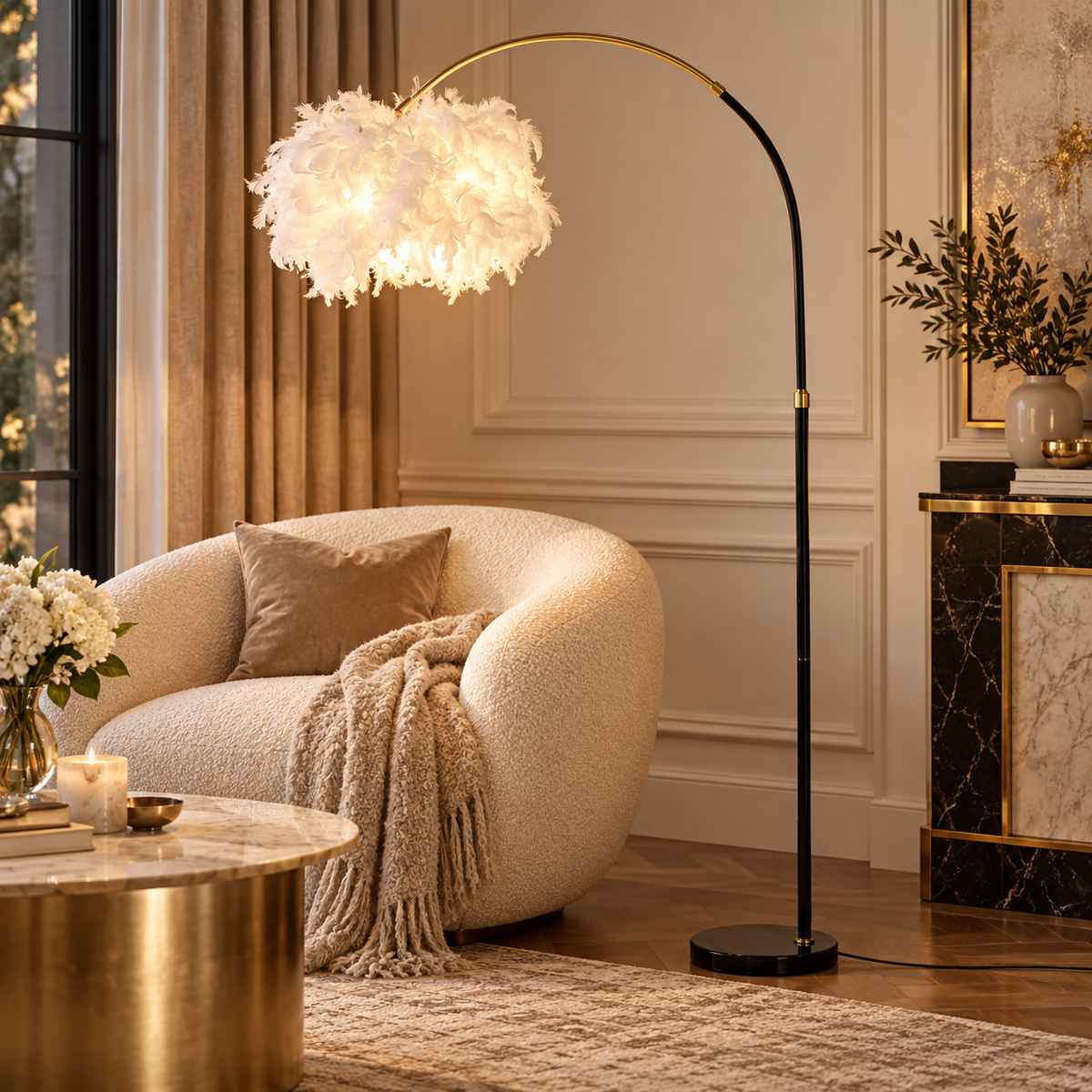 Lampada da Terra Arc Plur 100x150-180 cm con Paralume in Piume e Base in Marmo