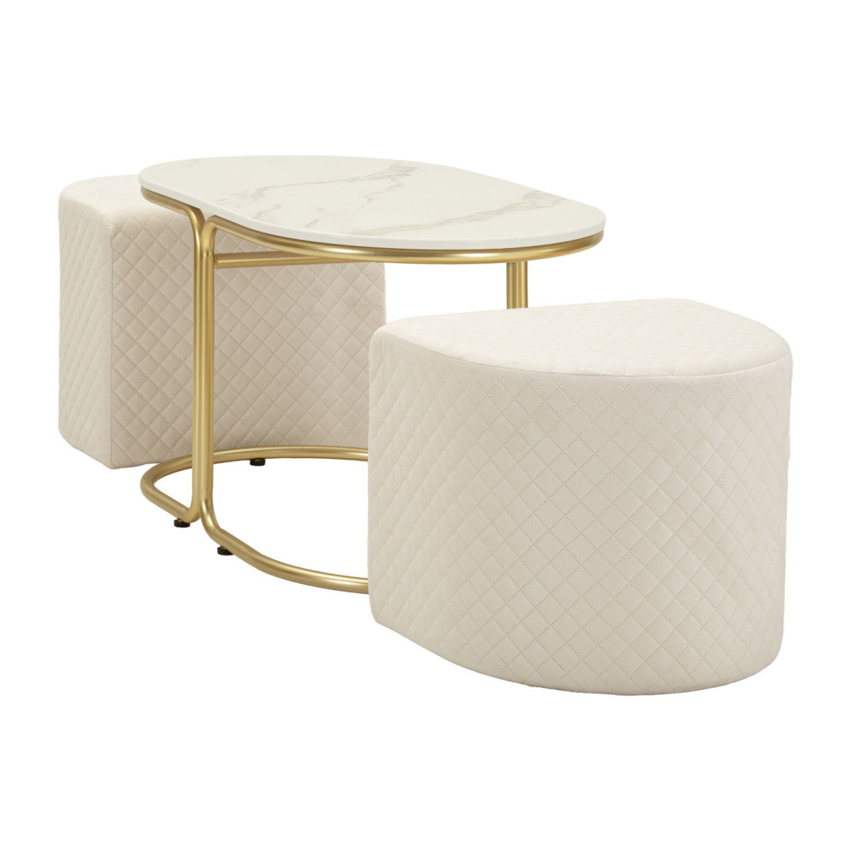 Tavolino da Caffè Relax 79x45x44 cm con 2 Pouf Beige e Oro