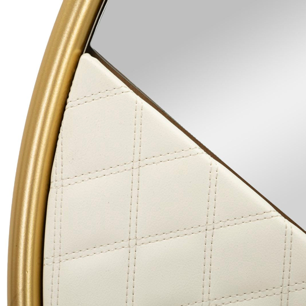 Specchio da Parete Rotondo Ø80 cm Crema e Oro Ecopelle Trapuntata