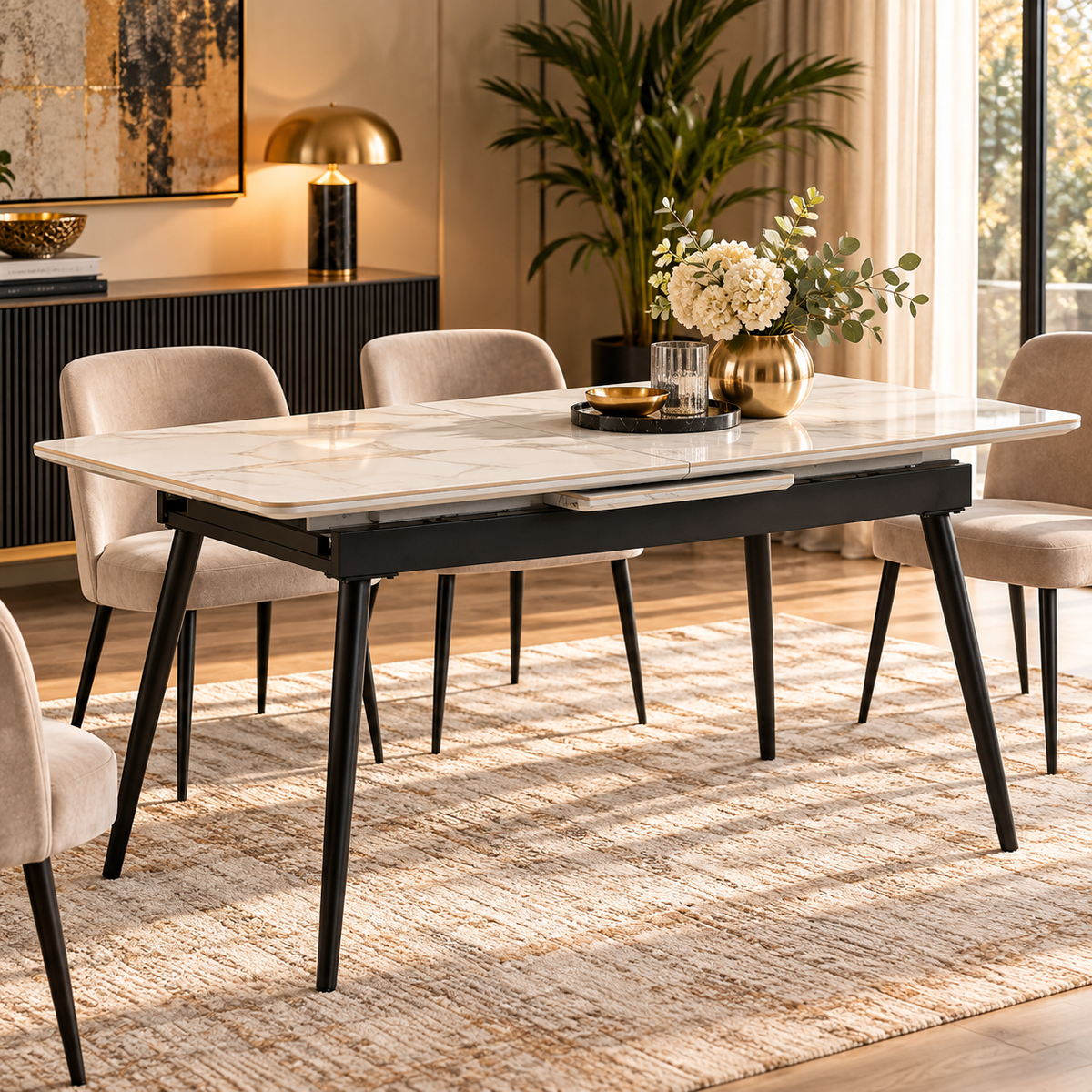 Tavolo da Pranzo Allungabile Matt 120-155x80x75 cm Struttura Nera e Piano Effetto Marmo