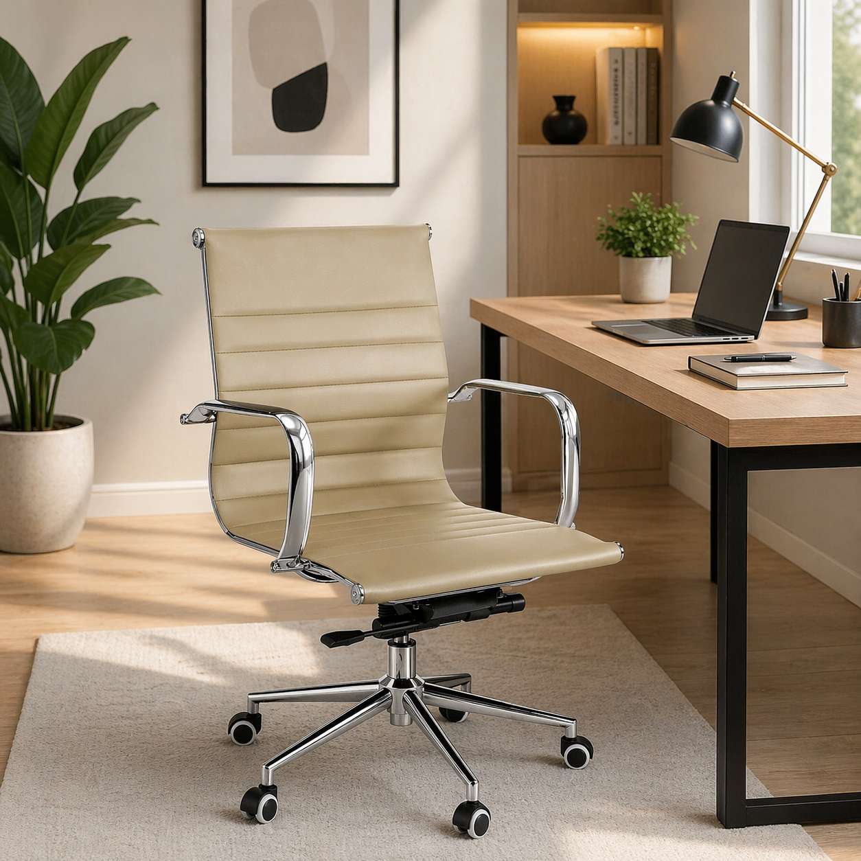 Poltrona sedia Direzionale Ufficio Beige in PU con Braccioli Metallo