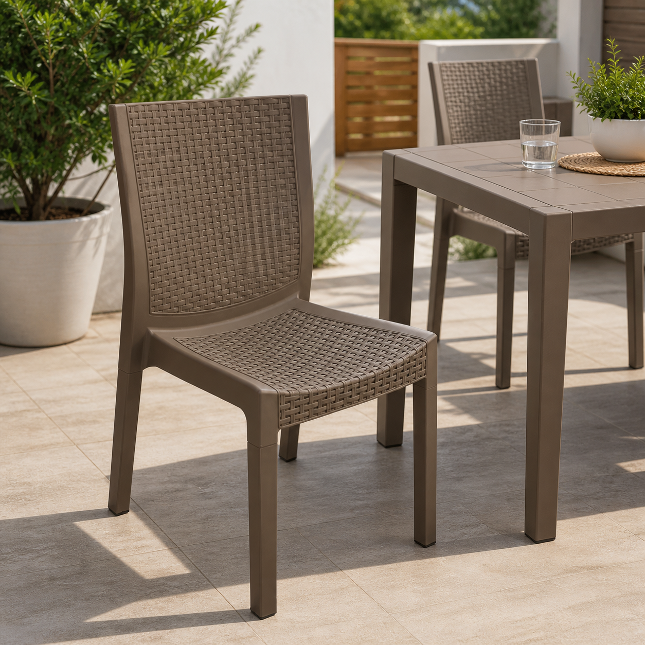 Sedia Panarea in Resina Effetto Rattan Tortora Impilabile da Esterno