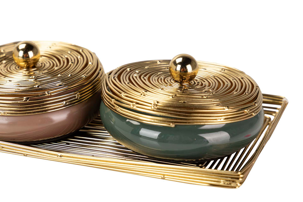 Set 3 Scatole Ciotole Decorative con Vassoio Oro 34 x 13 x 7 cm