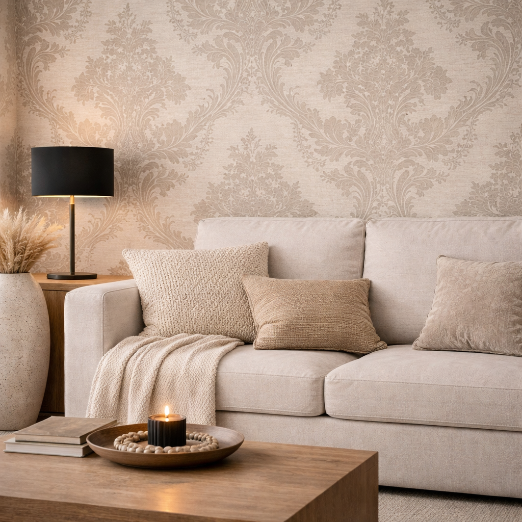 Carta da Parati Damascata Beige Elegante Effetto Tessuto