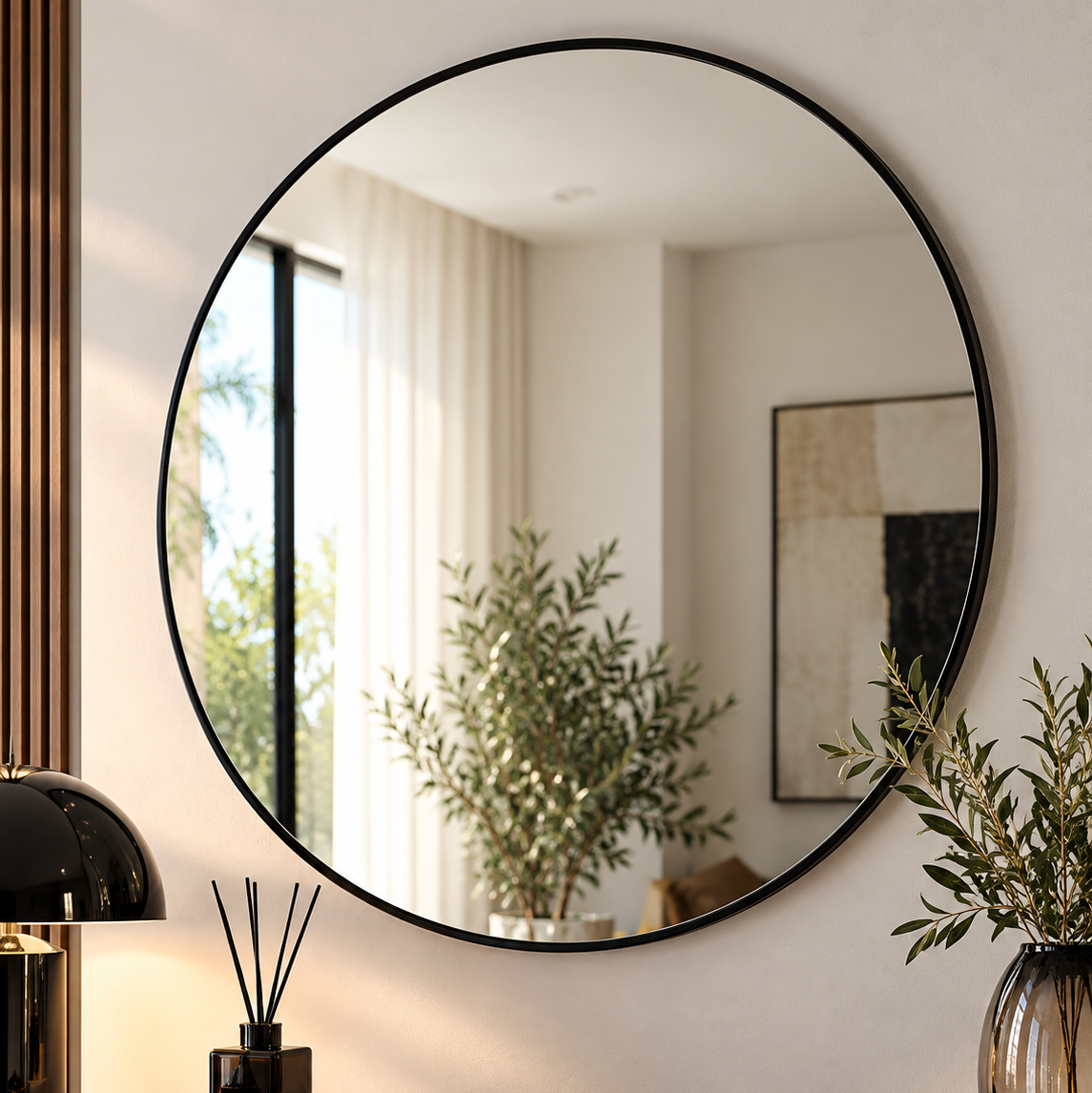 Specchio Rotondo New Nucleos Nero Ø70 cm Design Moderno con Cornice Sottile