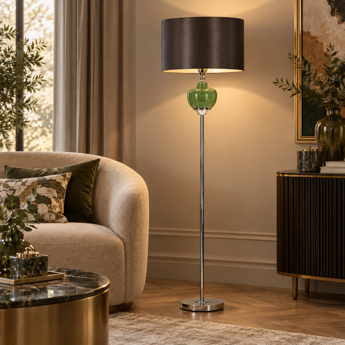 Lampada da Terra Eva One Ø40x160 cm con Base in Vetro Verde e Paralume Nero