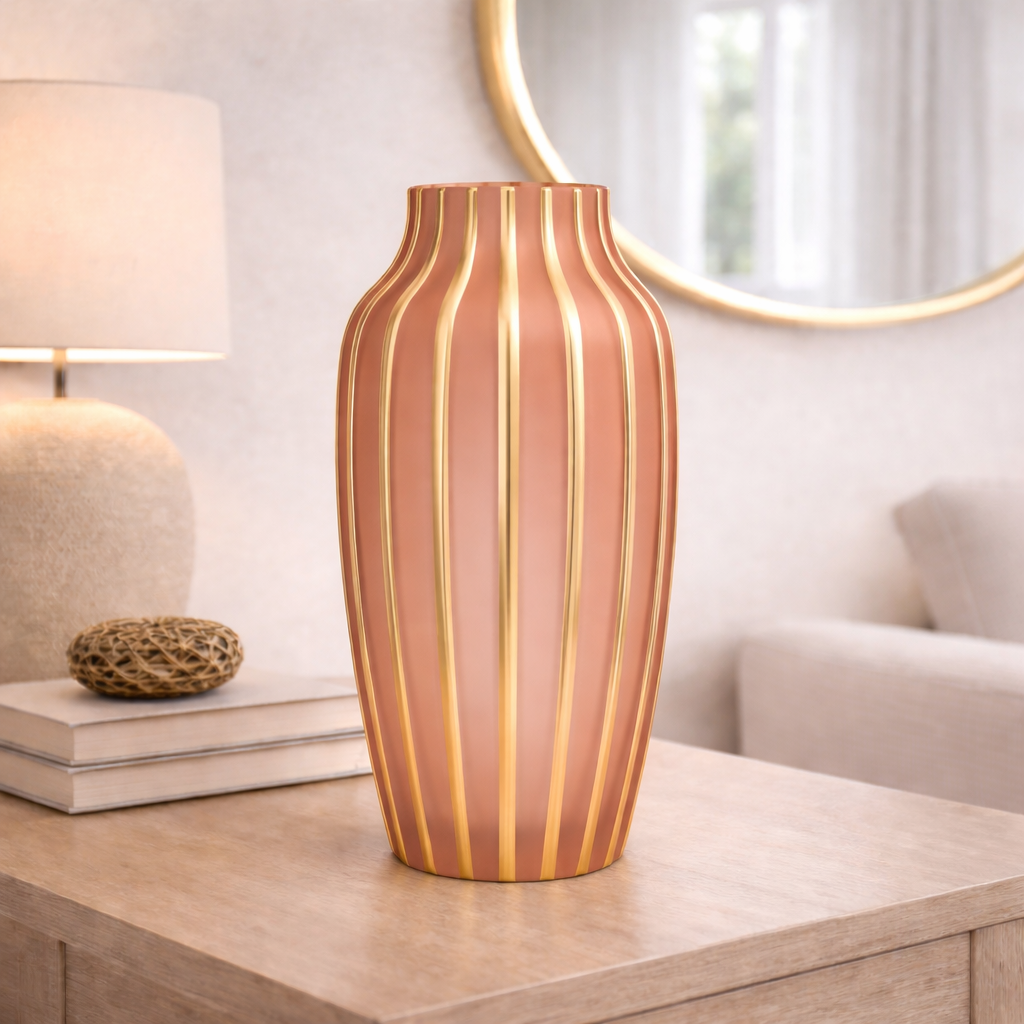 Vaso Rosa Cipria con Dettagli Righe Oro In Vetro 15x30cm