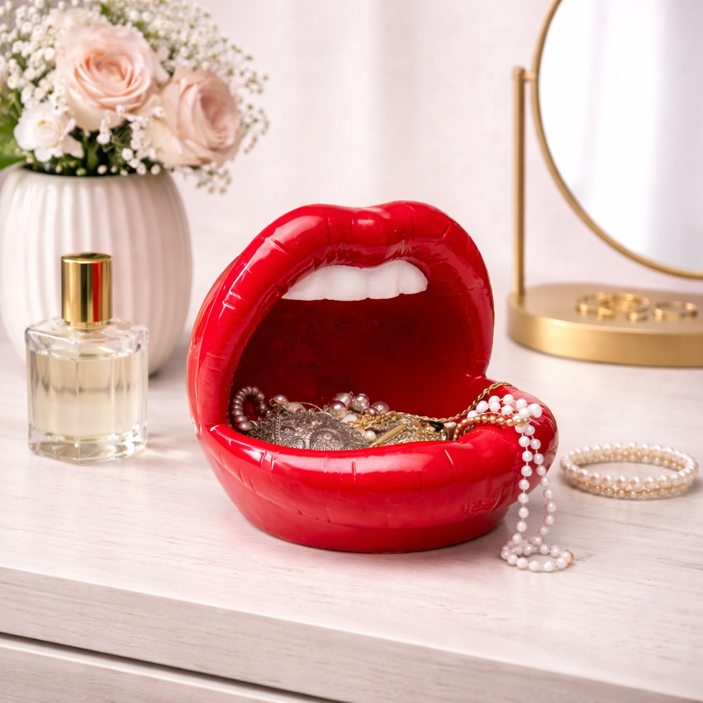 Centrotavola Statua Decorativa Porta Oggetti Lips Bocca Labbra Rosso Lucido 21cm