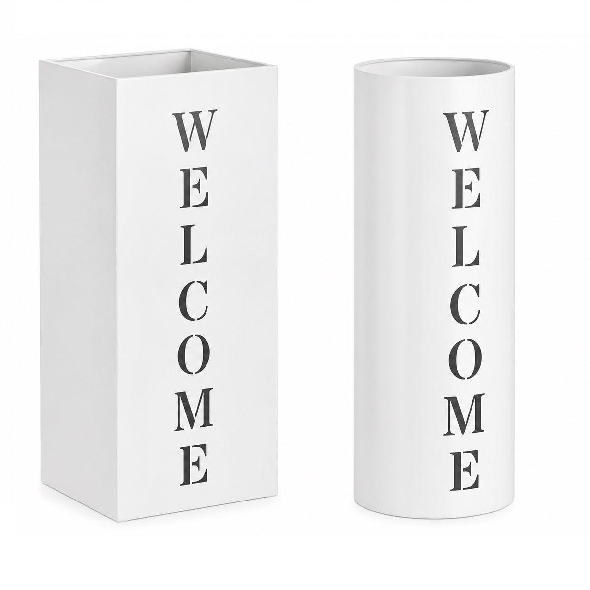 Set 2 Portaombrelli Dyrin Welcome Bianco H52 cm in Acciaio con Vaschetta Scolapioggia