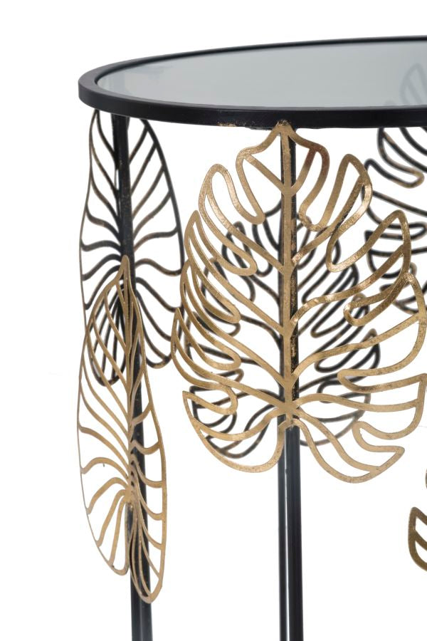 Coppia Tavolini Foglie Glam in Metallo Nero Oro e Piano in Vetro Ø38/33 cm