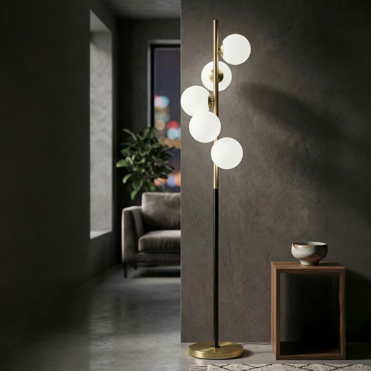 Lampada da Terra Glamy Dark Ø30x160 cm Nero e Oro con 5 Sfere in Vetro