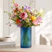 Vaso Bright in Vetro Righe Cilindro Blu H 28 cm Ø 15,6 cm