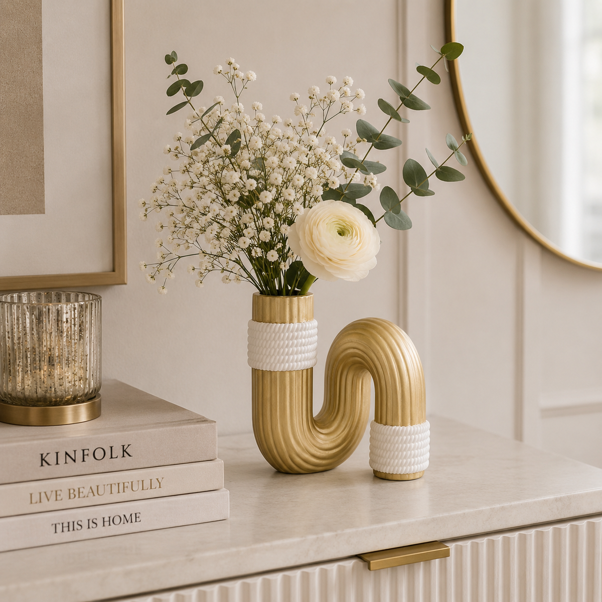 Vaso Decorativo Bann in Resina Oro e Bianco 10,5 x 12,7 cm Design Sinuoso