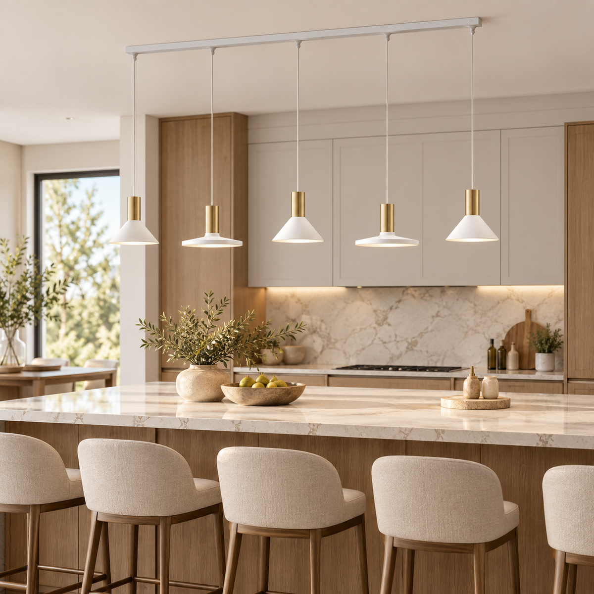 Lampadario a Sospensione Lineare Hermanos 5 Luci Bianco e Ottone 132 cm