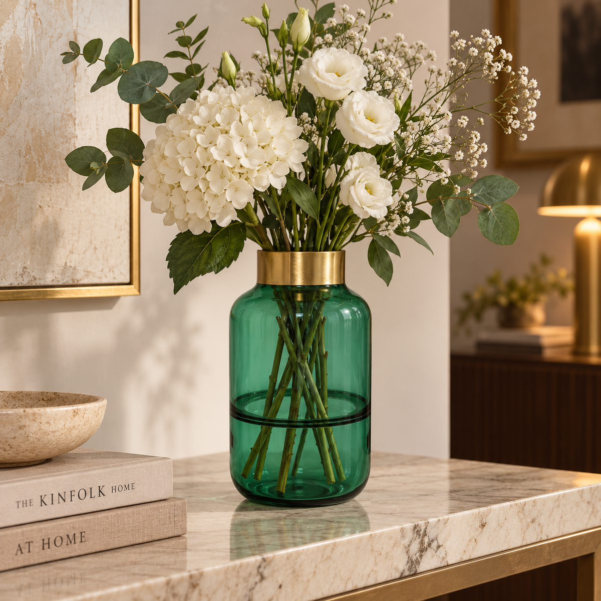 Vaso Decorativo Positano Belly Verde in Vetro con Bordo Oro