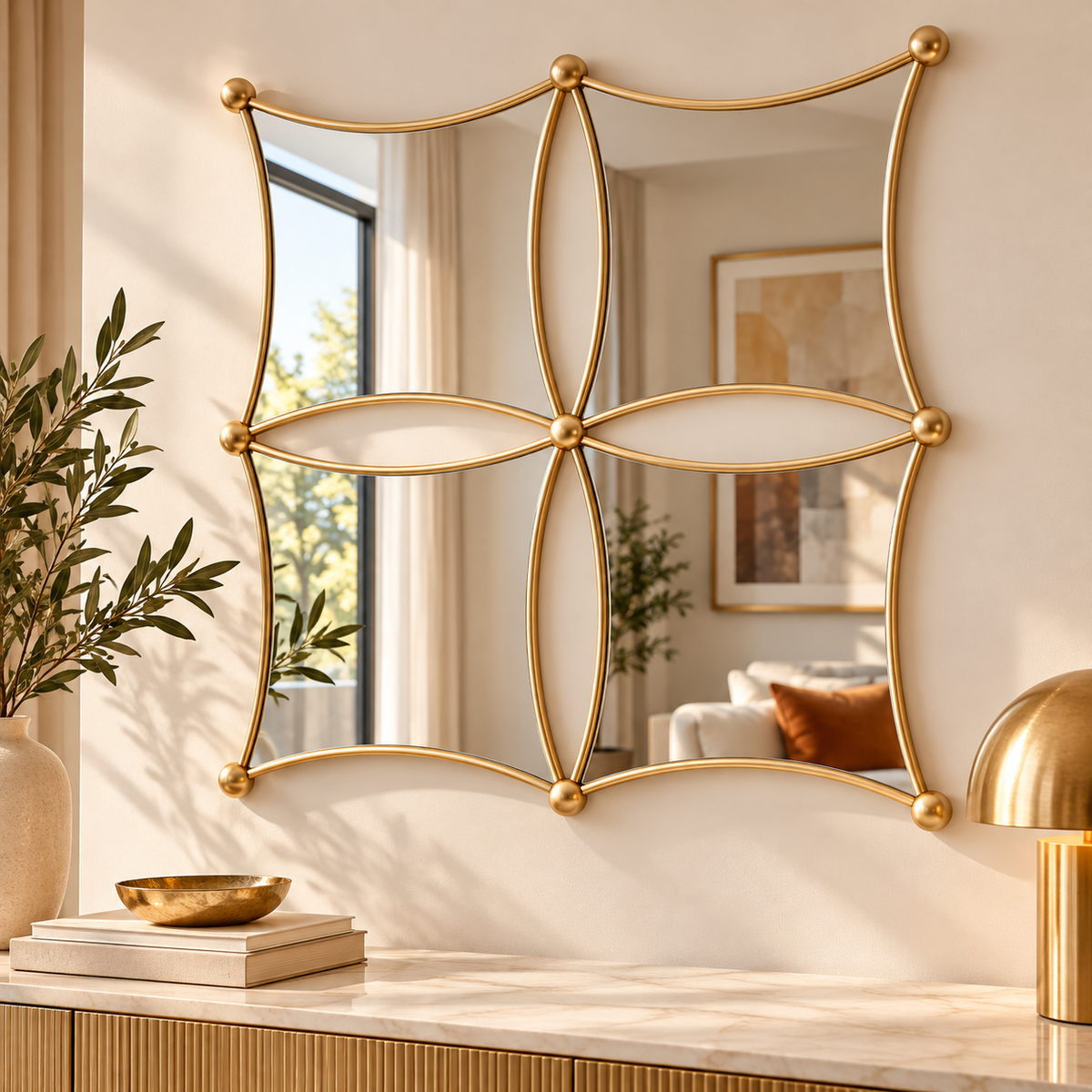 Specchio da Parete Jalo 68x68 cm Oro con 4 Specchi Geometrici
