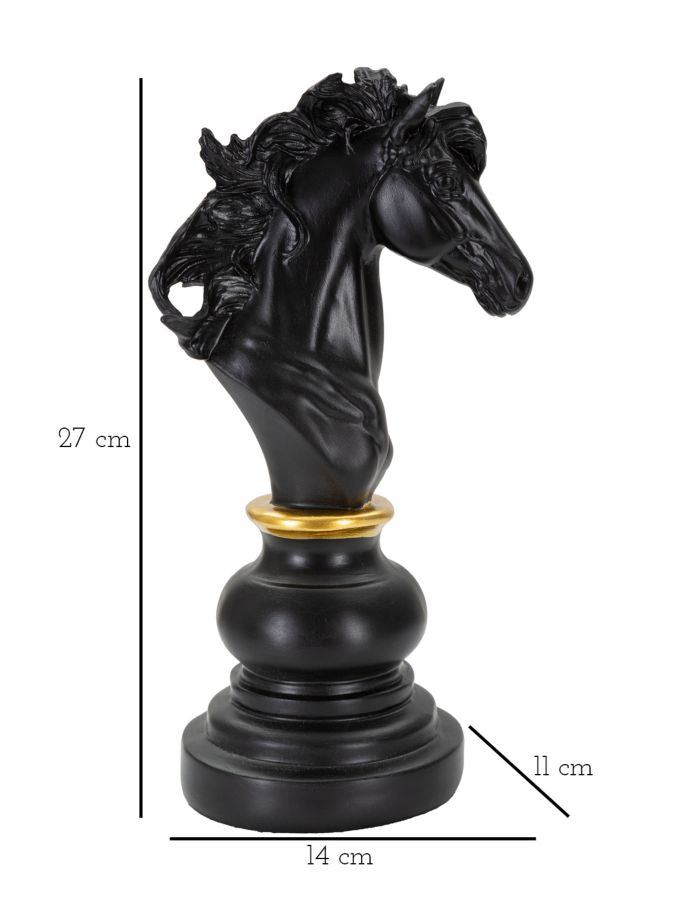 Statuetta Decorativa Cavallo Scacchi Nero e Oro 14 x 11 x H27 cm