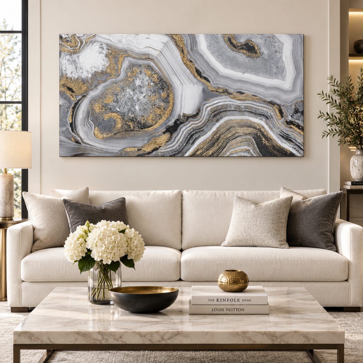 Dipinto Quadro su Tela Cave Astratto Grigio Oro 120 x 60 cm con Telaio in Legno