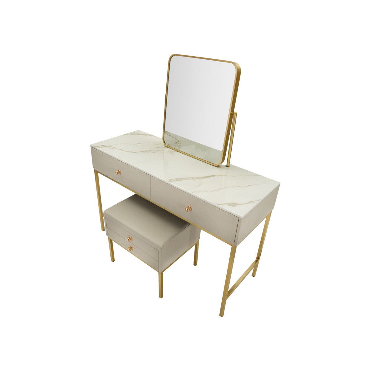 Toeletta Luxury 120 cm con Specchio e Sgabello Beige e Oro con Piano Effetto Marmo